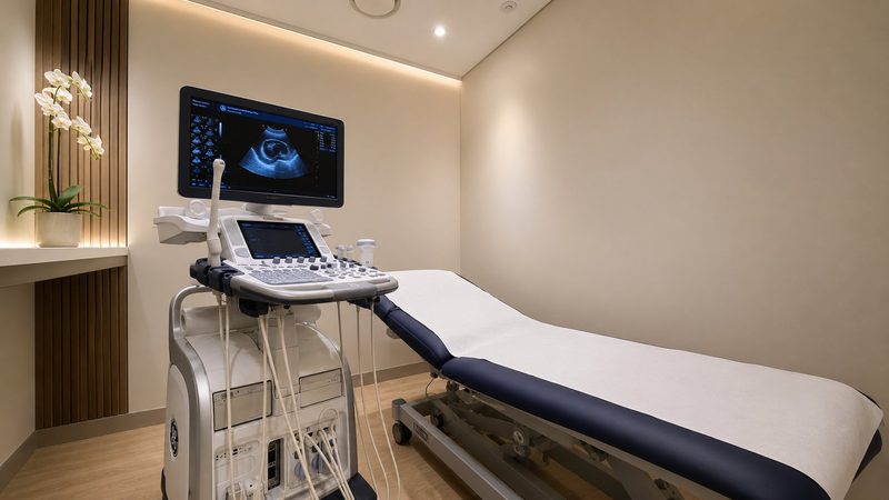 Ultrasound suite at Tower Bridge Hospital London Whitechapel — GE diagnostic ultrasound machine and patient examination couch